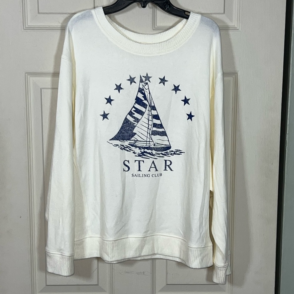 78 & Sunny Star Sailing Club Graphic Sweatshirt Cream Nautical Pullover Sz M NWT